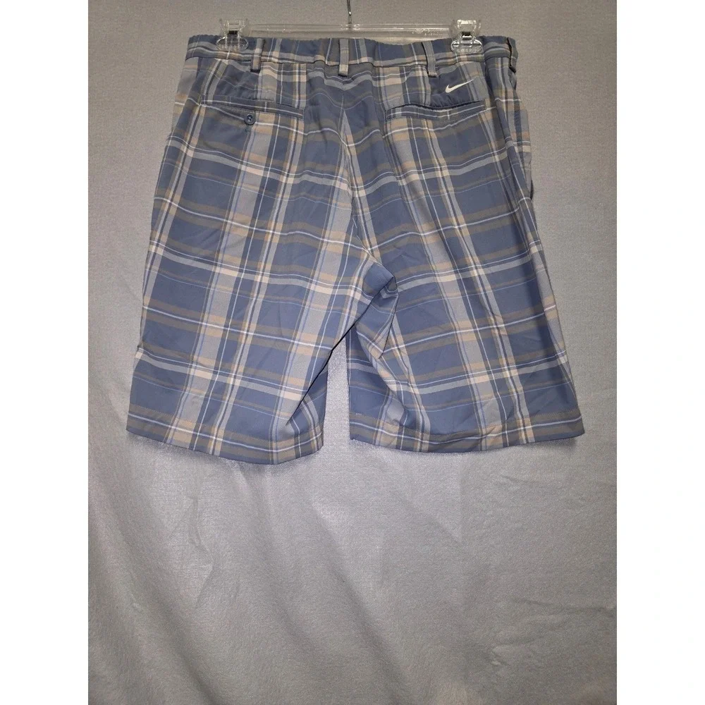 Nike Golf Plaid Shorts Men 34 Blue Beige Flat Front Dri Fit
